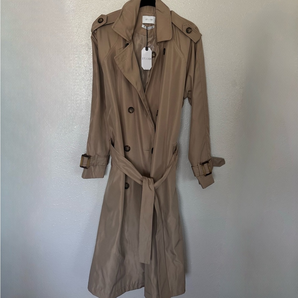 Stoosh Beige Double-Breasted Trench Coat with Belt